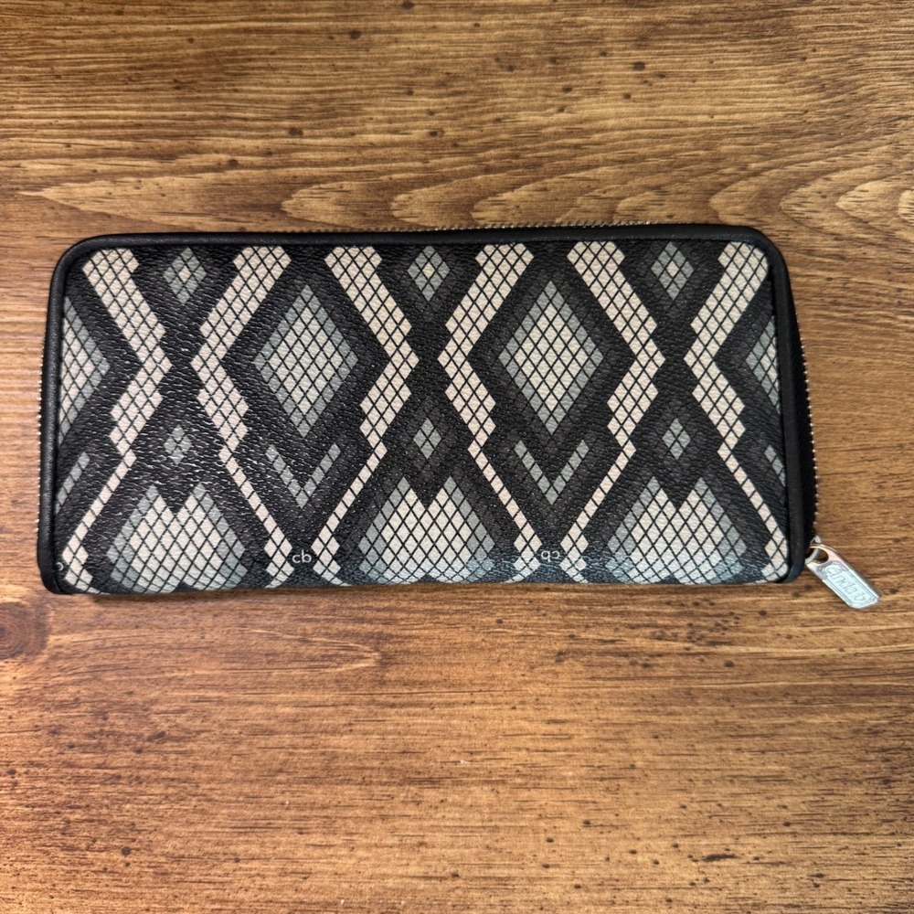 Cinda B Zip Around Wallet Gray‎ Black Diamond Pattern Clutch Travel